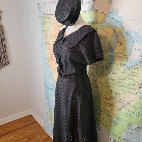 Vintage Black Eyelet Dress With Crystal Buttons. - Picture 5 of 16